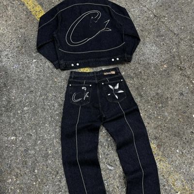 男性のオーバーサイズ トレーニングスーツ カジュアル カスタムジャケットスーツ デニム製の2点セット
