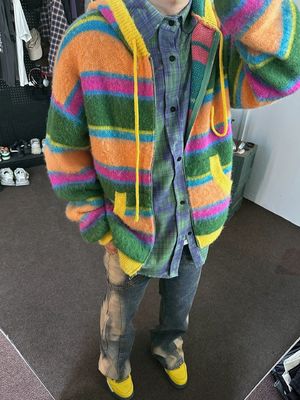 XMAMLON RTSのデザイン 男性のカジュアルストライプジップアップ フード編みカーディガンセーター