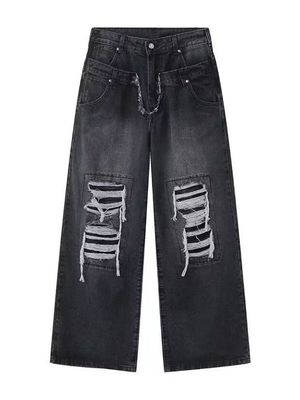 男性用 ヒップホップ ダブル 腰 スタック デニム ジーンズ パンツ 商品在庫